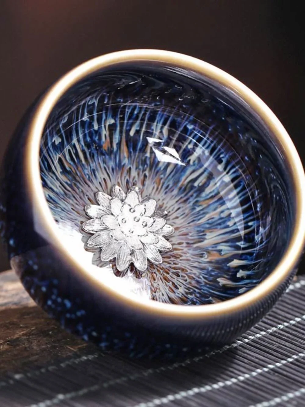 Set of 5 Jianzhan-Style Ceramic Tea Cups with Silver Lotus